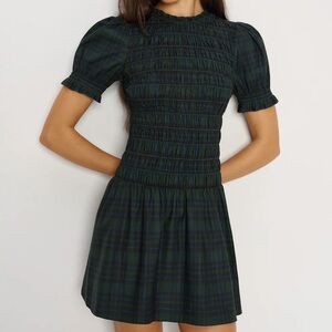 Reformation Leannah smocked cotton plaid mini cotton dress in Forest Plaid